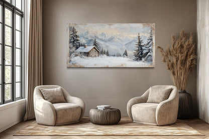 Snowy Mountain Cabin Art – Cozy Snow Scene Painting | Alpine Winter Canvas Wall Decor
