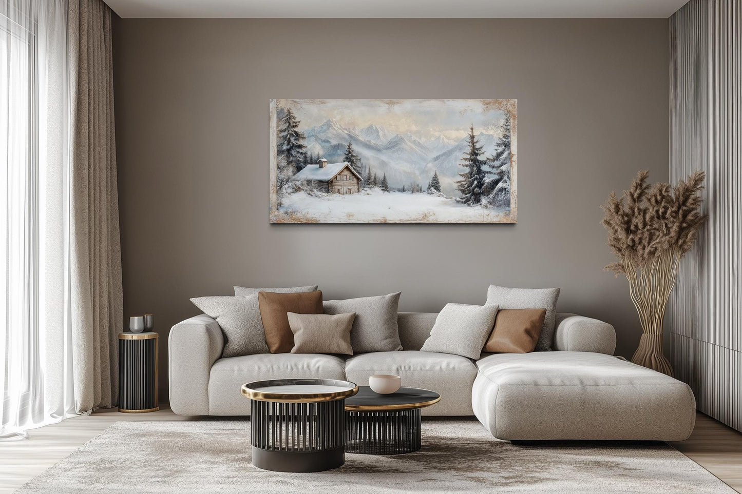 Snowy Mountain Cabin Art – Cozy Snow Scene Painting | Alpine Winter Canvas Wall Decor