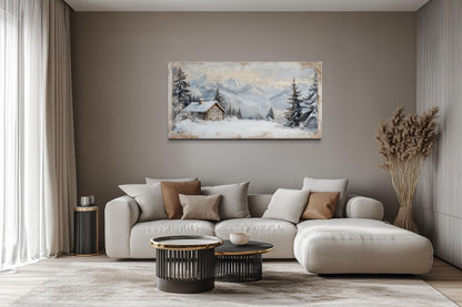 Snowy Mountain Cabin Art – Cozy Snow Scene Painting | Alpine Winter Canvas Wall Decor