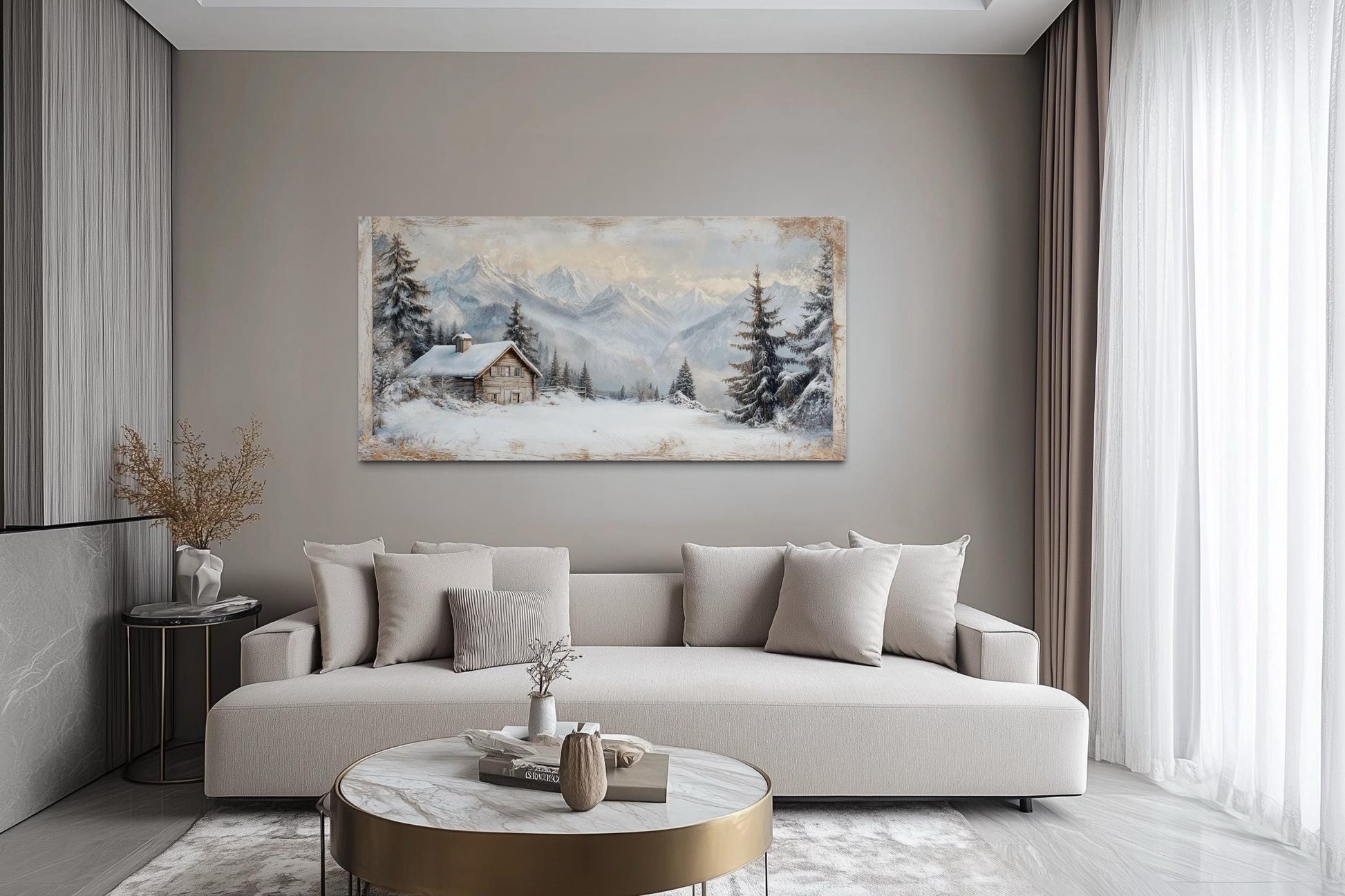 Snowy Mountain Cabin Art – Cozy Snow Scene Painting | Alpine Winter Canvas Wall Decor