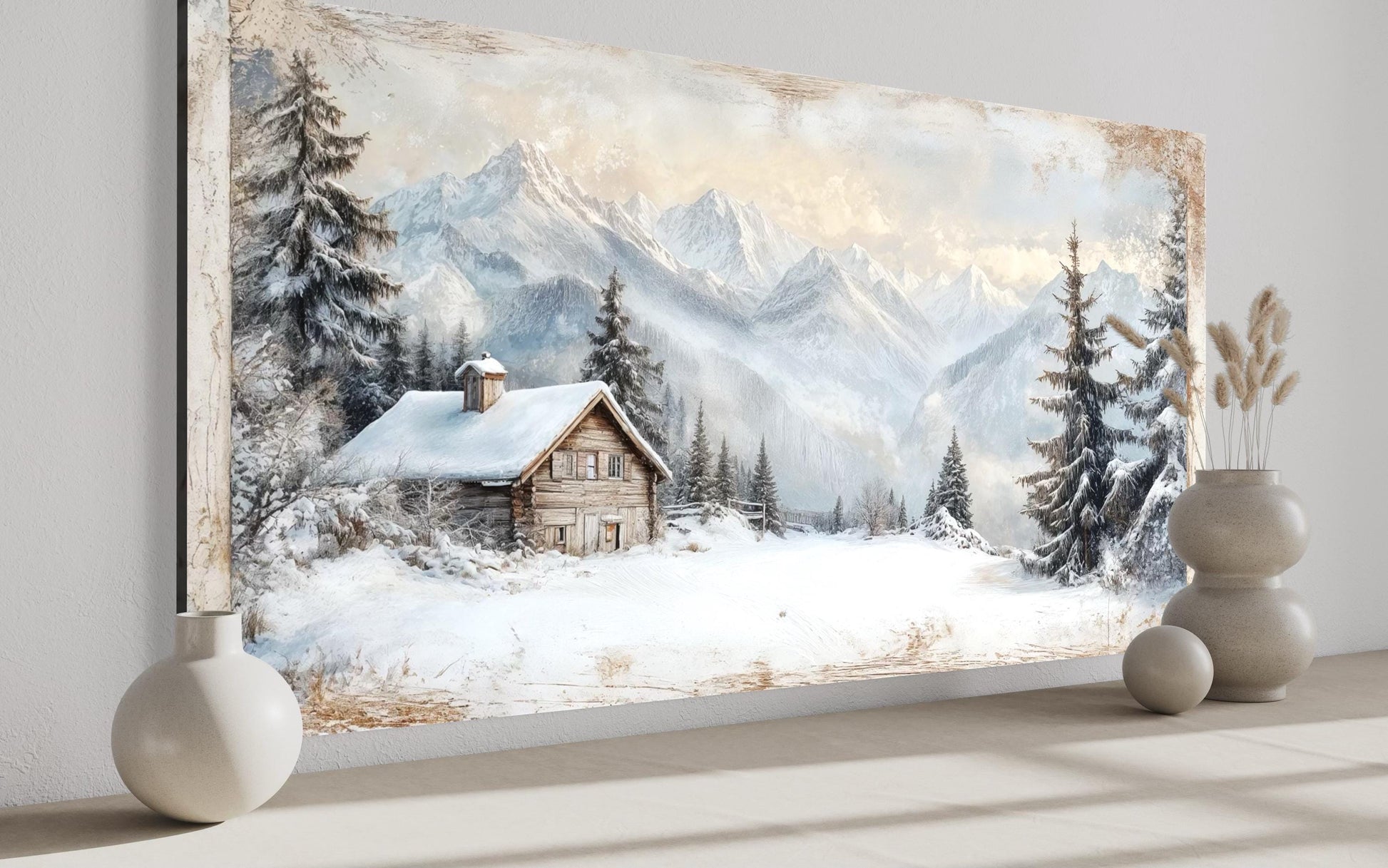 Snowy Mountain Cabin Art – Cozy Snow Scene Painting | Alpine Winter Canvas Wall Decor