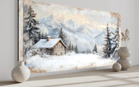 Snowy Mountain Cabin Art – Cozy Snow Scene Painting | Alpine Winter Canvas Wall Decor