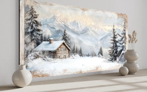 Snowy Mountain Cabin Art – Cozy Snow Scene Painting | Alpine Winter Canvas Wall Decor