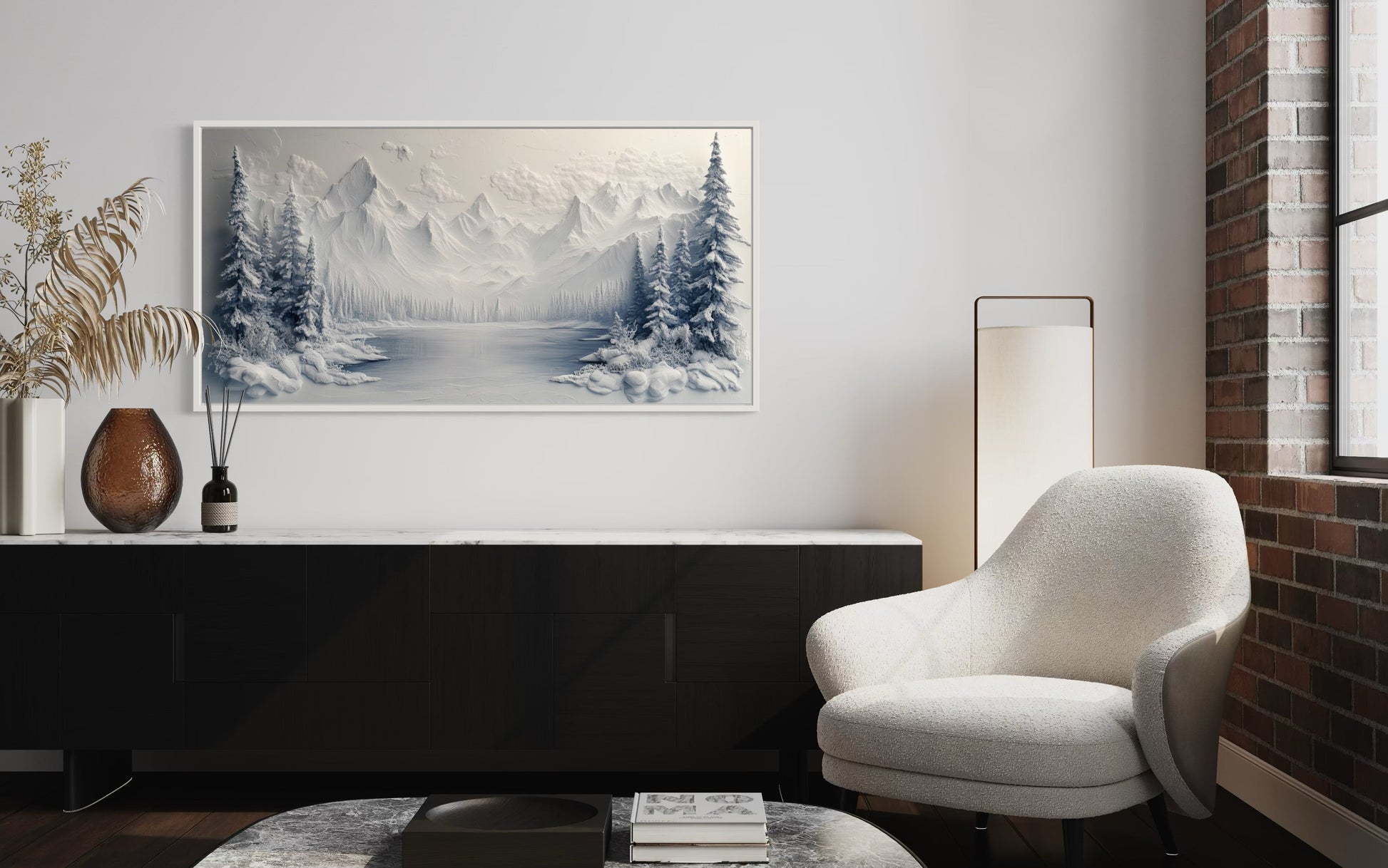 Snowy Mountain Lake With Pine Trees Winter Framed Canvas Wall Art