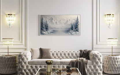 Snowy Mountain Lake With Pine Trees Winter Framed Canvas Wall Art