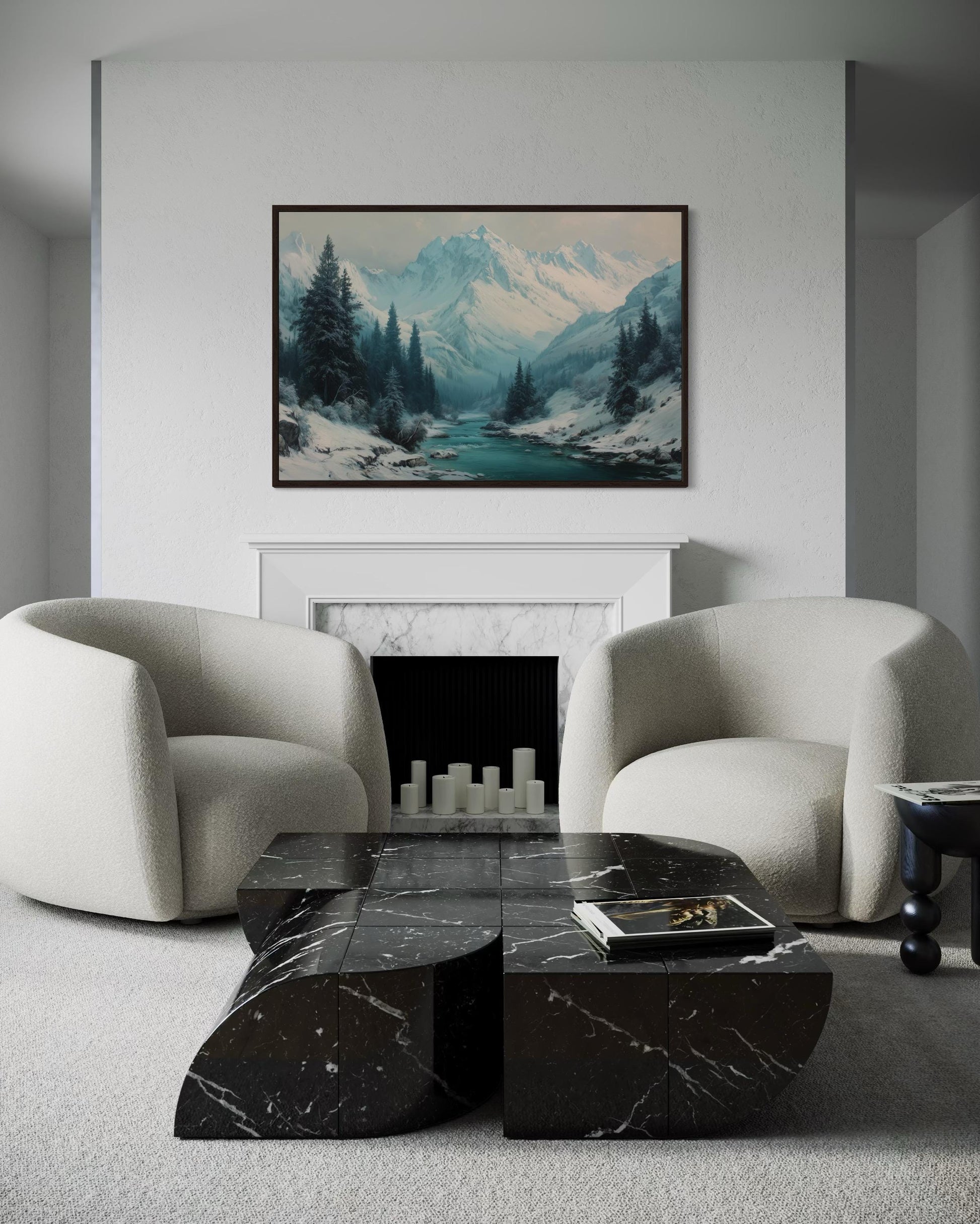Snowy Mountain River In Winter Canvas Wall Art