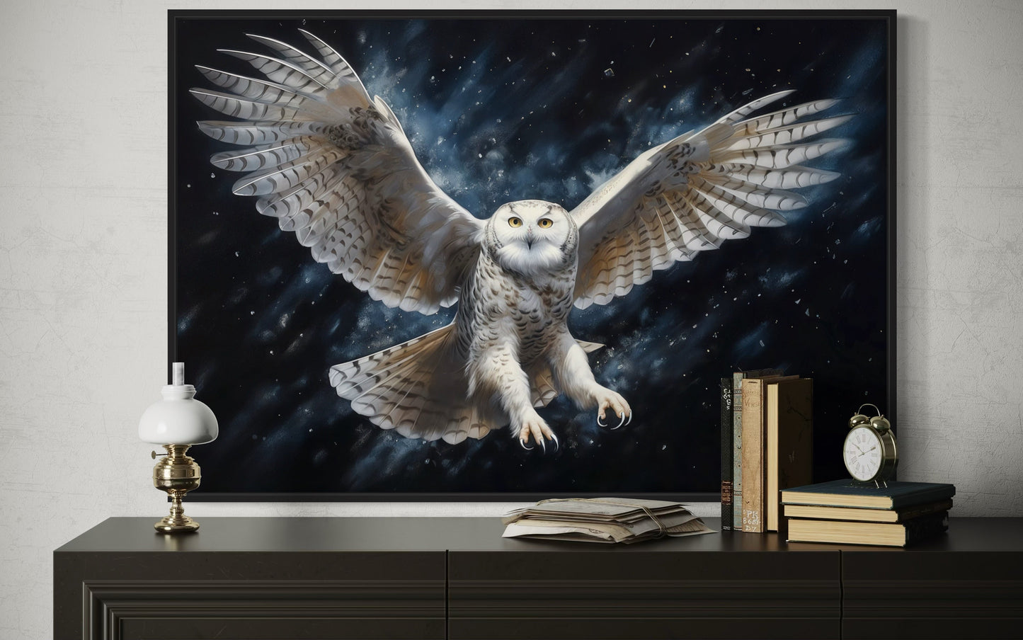 Snowy Owl Flying At Night Framed Canvas Wall Art