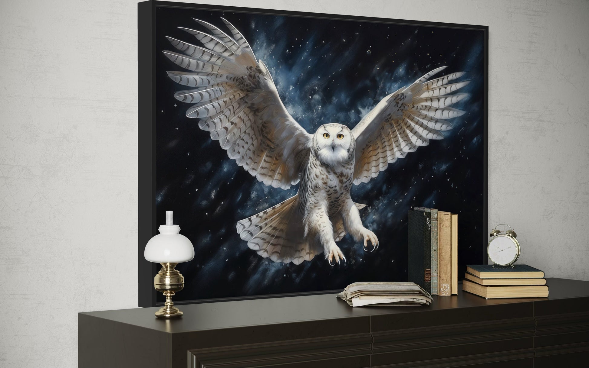 Snowy Owl Flying At Night Framed Canvas Wall Art