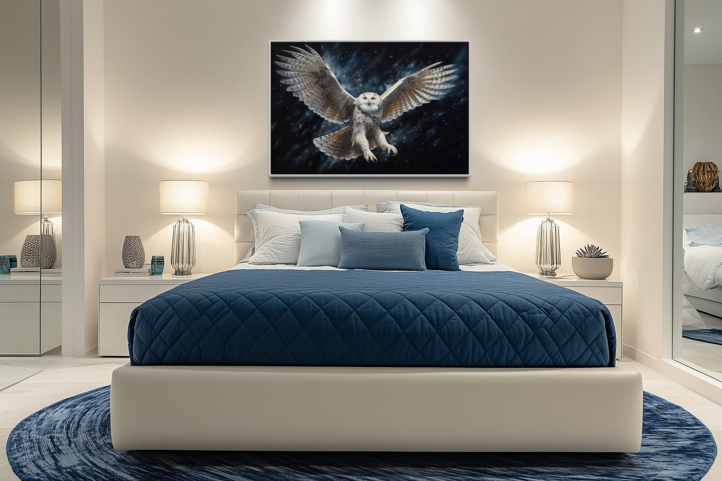 Snowy Owl Flying At Night Framed Canvas Wall Art