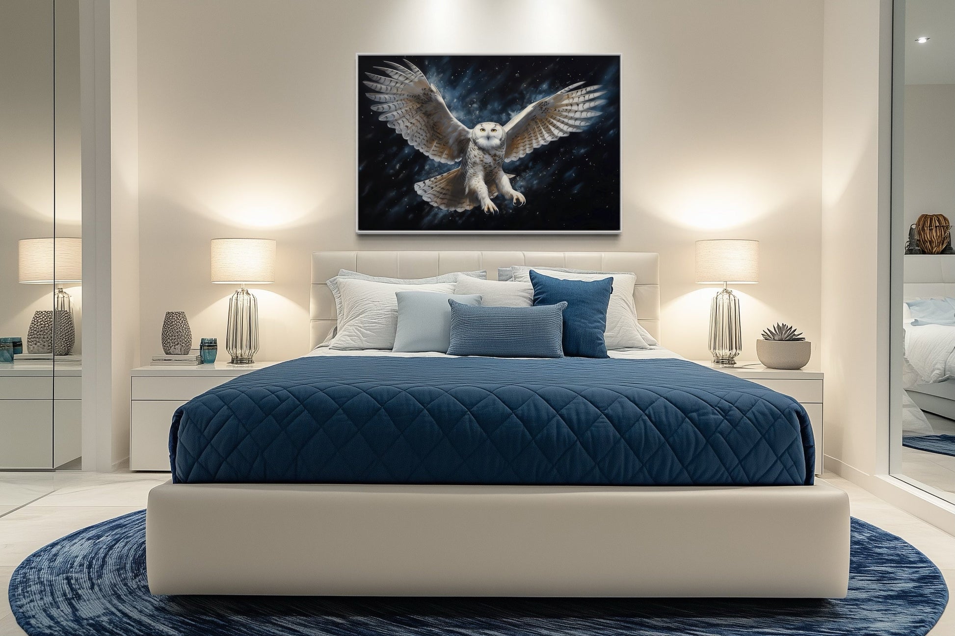 Snowy Owl Flying At Night Framed Canvas Wall Art