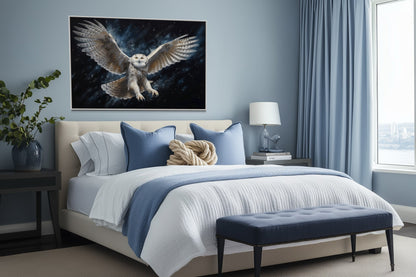 Snowy Owl Flying At Night Framed Canvas Wall Art
