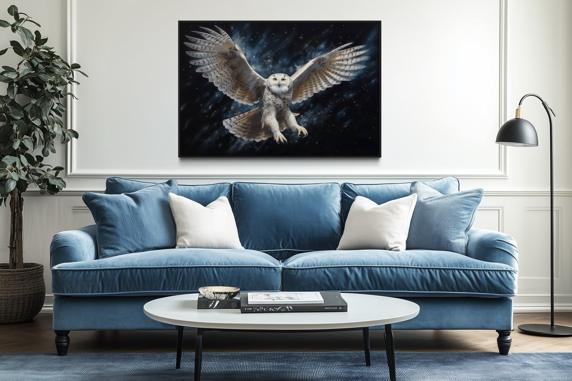 Snowy Owl Flying At Night Framed Canvas Wall Art