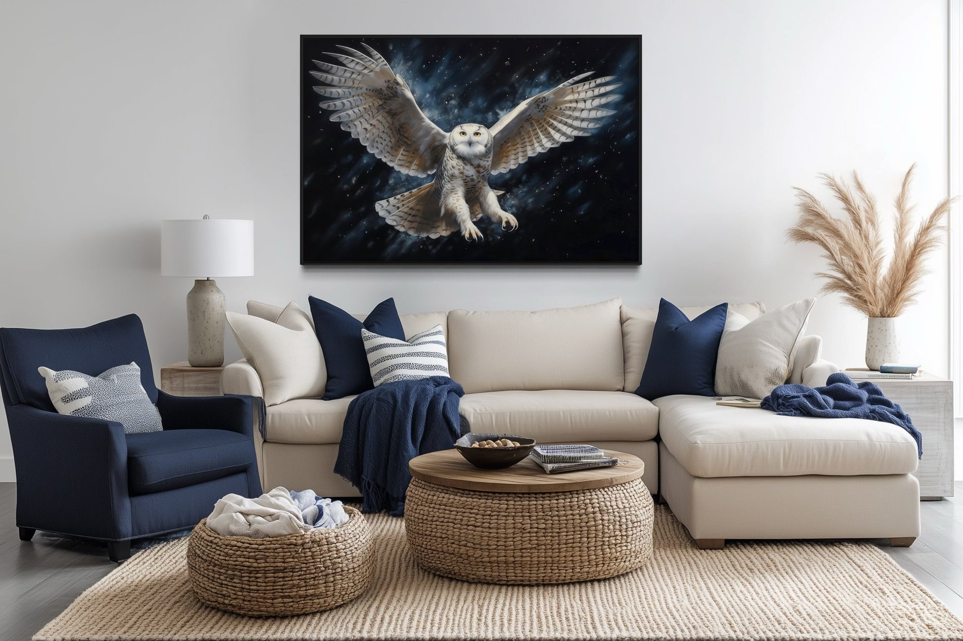 Snowy Owl Flying At Night Framed Canvas Wall Art