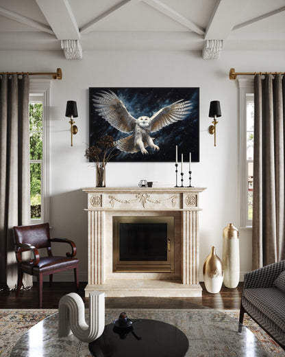 Snowy Owl Flying At Night Framed Canvas Wall Art