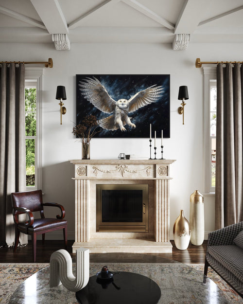 Snowy Owl Flying At Night Framed Canvas Wall Art