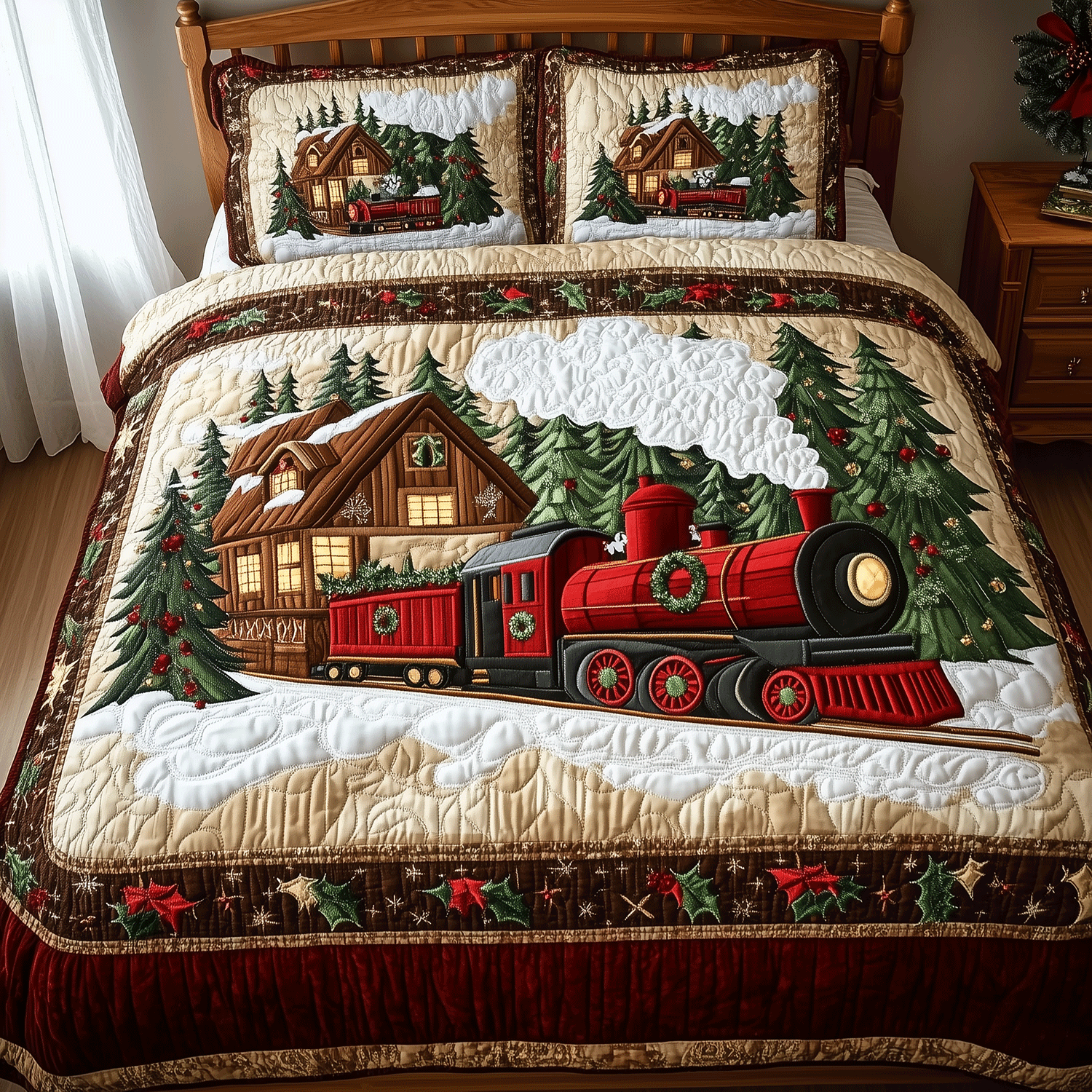 Snowy Trainscape 3-Piece Quilted Bedding Set - Single (59" x 70")