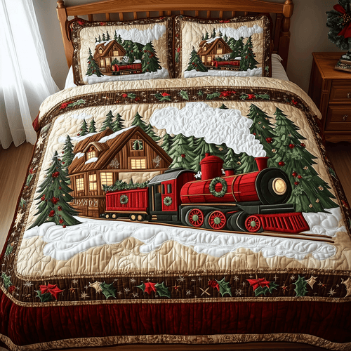 Snowy Trainscape 3-Piece Quilted Bedding Set - Single (59" x 70")