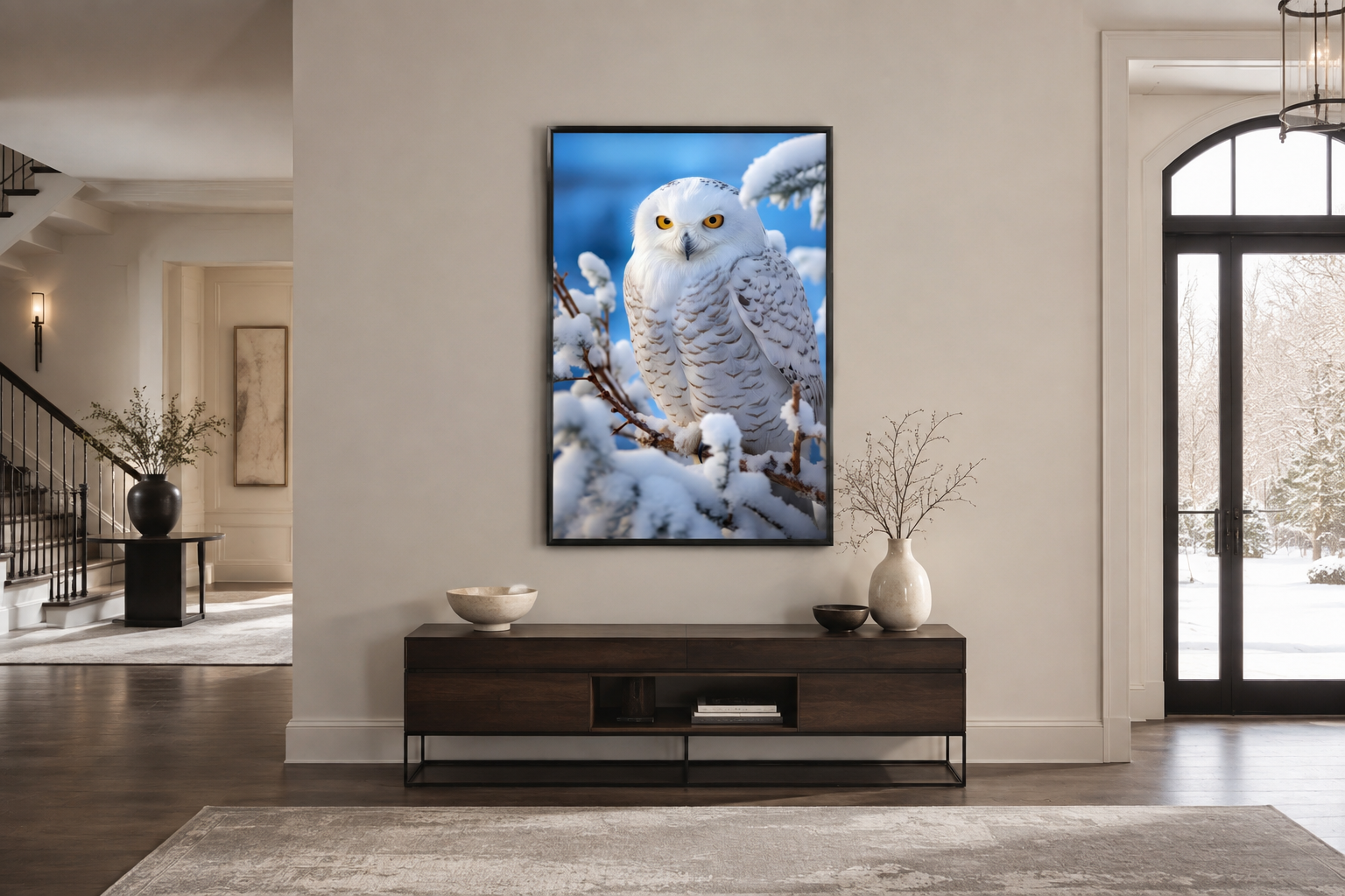 Snowy Owl In Snow Photography Style Framed Canvas Wall Art
