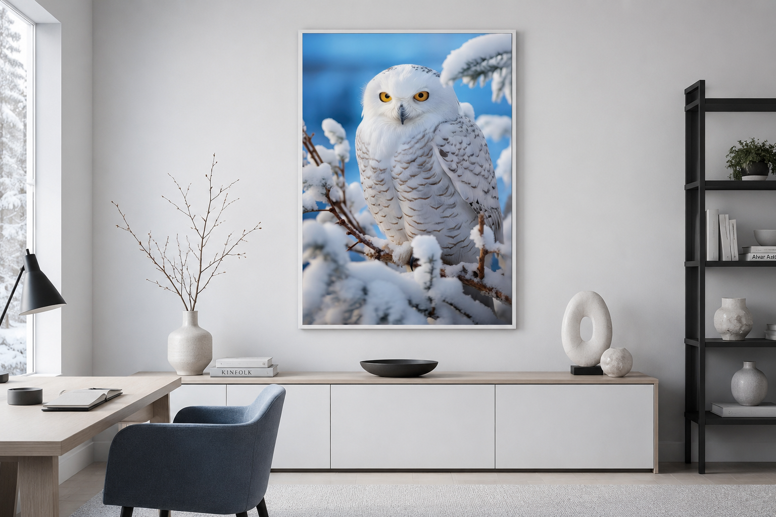 Snowy Owl In Snow Photography Style Framed Canvas Wall Art