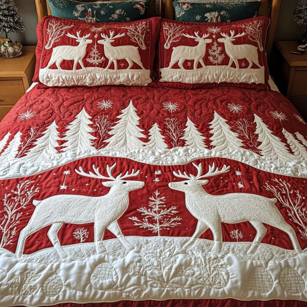 Single (59'' x 70'') /Snowy Reindeer Trail 3-Piece Quilted Bedding Set