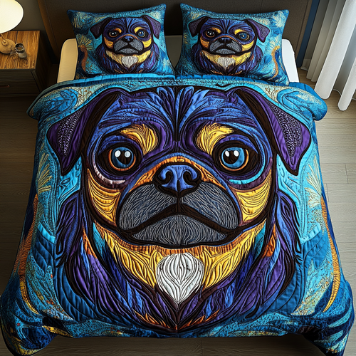 Snuggly Pug Smiles 3-Piece Quilted Bedding Set - Single (59" x 70")