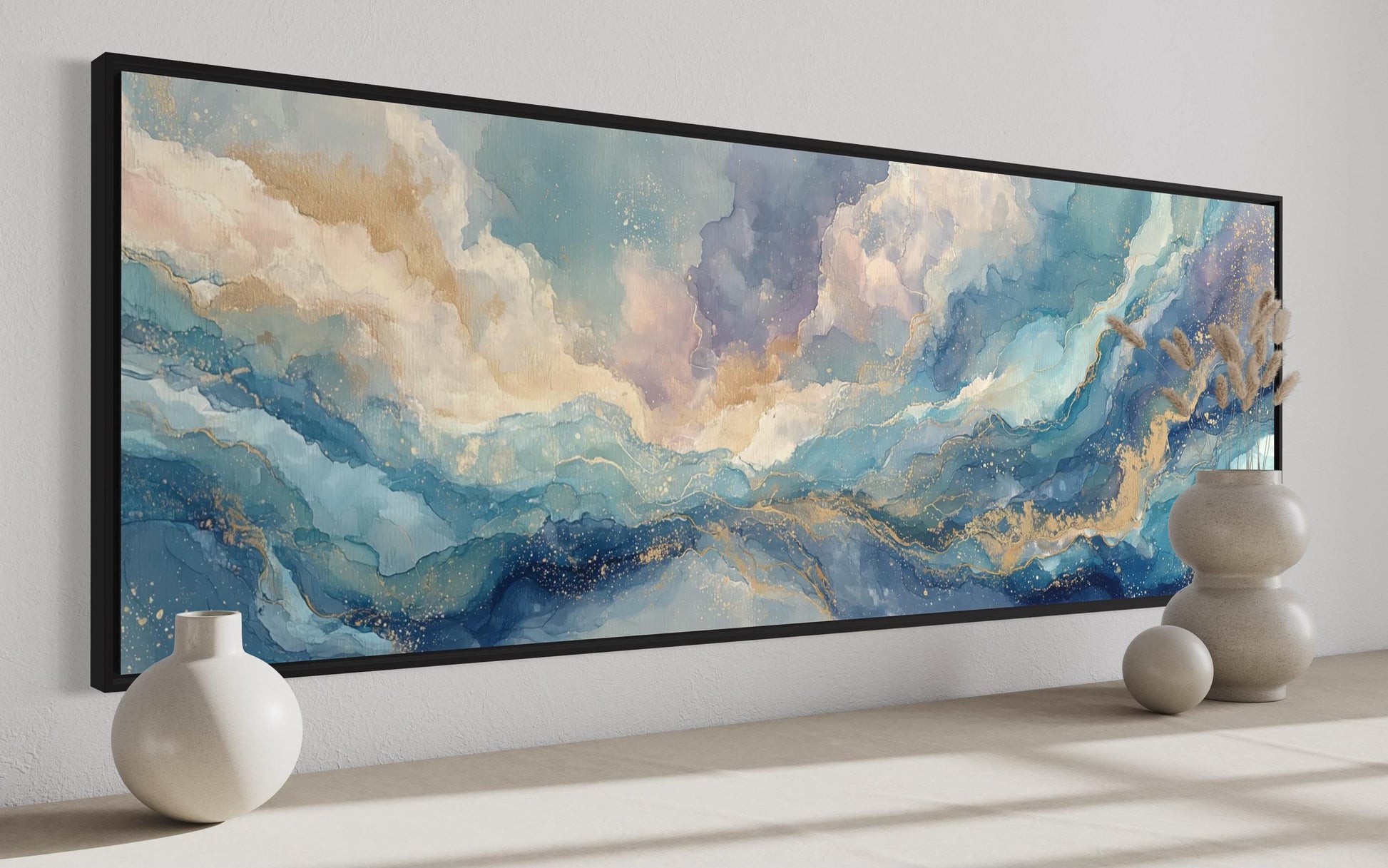 Soft Blue And Gold Abstract Long Horizontal Marble Style Wall Art