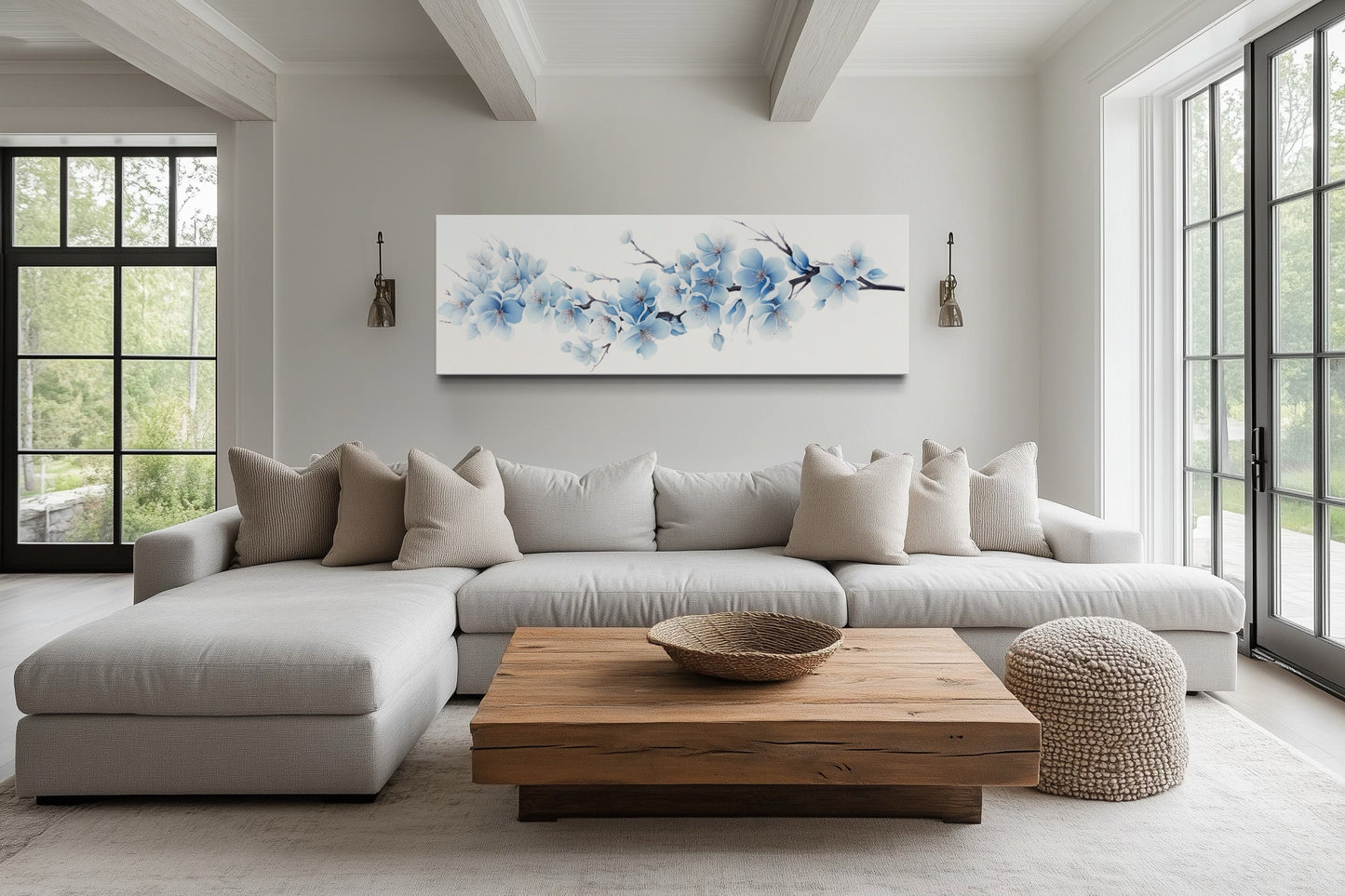Soft Blue Blossom Flowers Long Horizontal Above Bed Wall Art