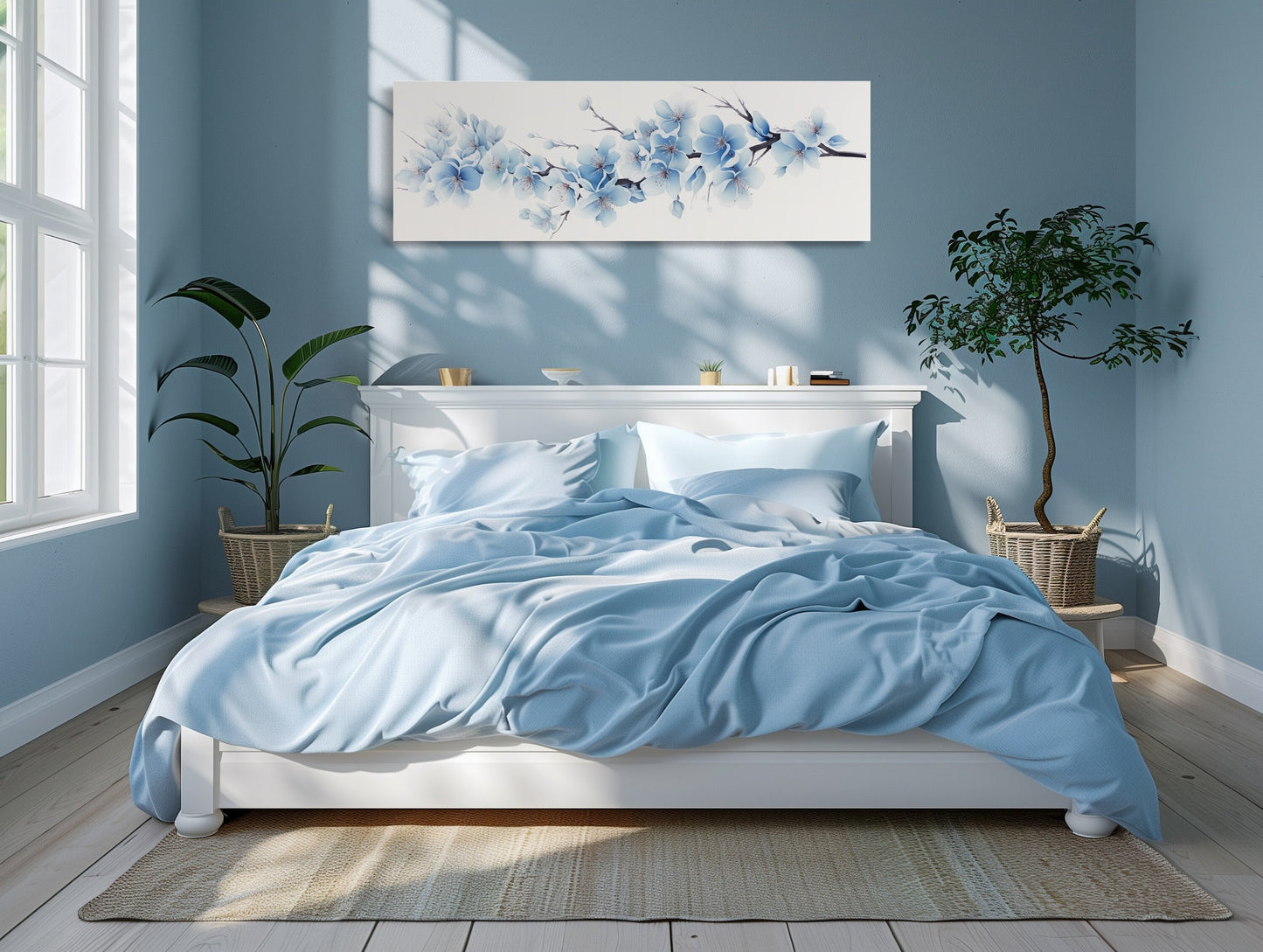 Soft Blue Blossom Flowers Long Horizontal Above Bed Wall Art
