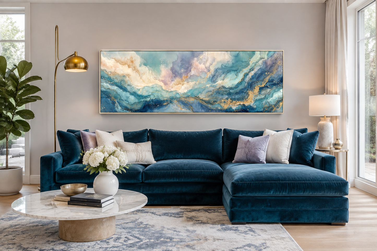 Soft Blue And Gold Abstract Long Horizontal Marble Style Wall Art
