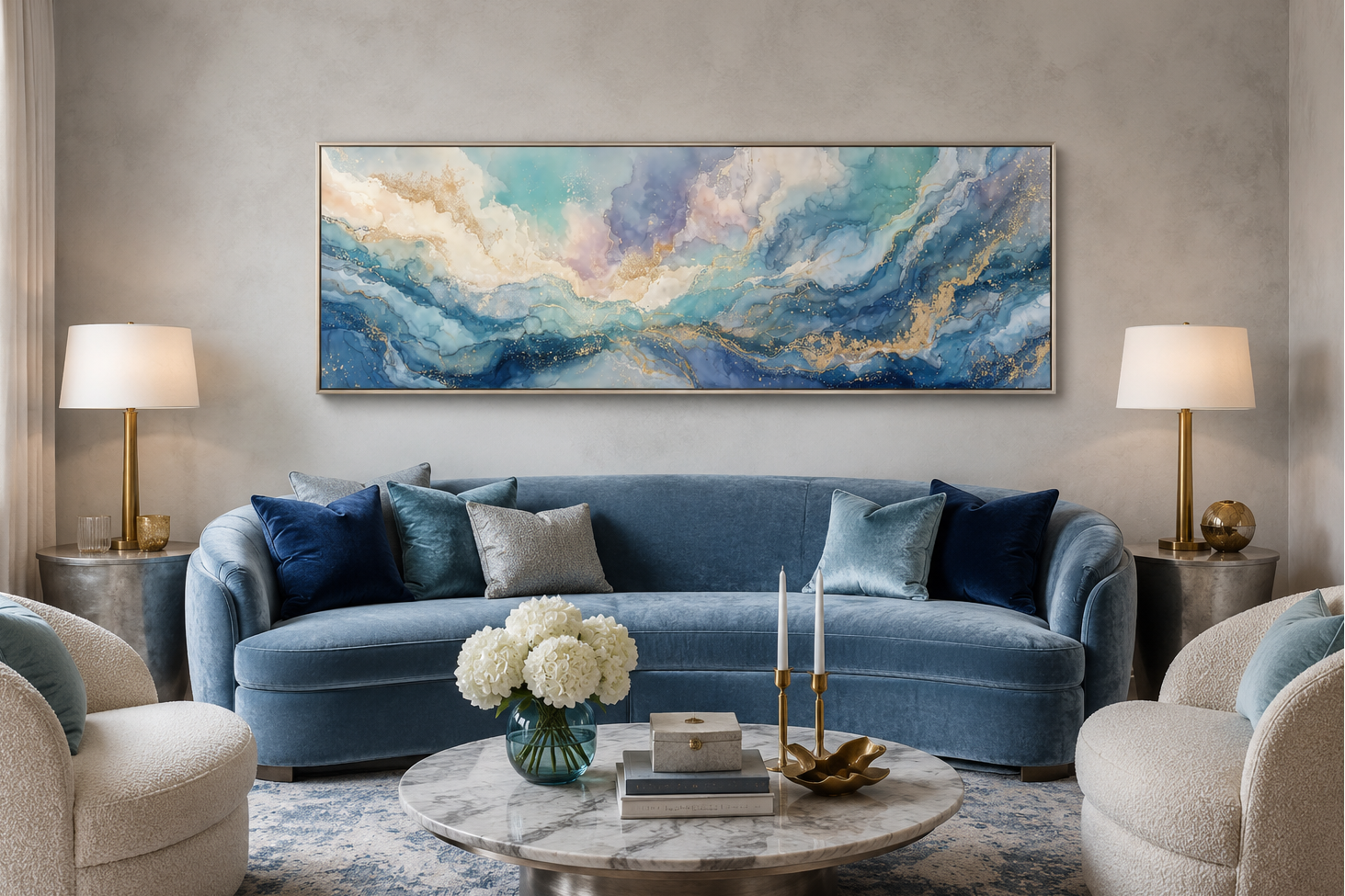 Soft Blue And Gold Abstract Long Horizontal Marble Style Wall Art