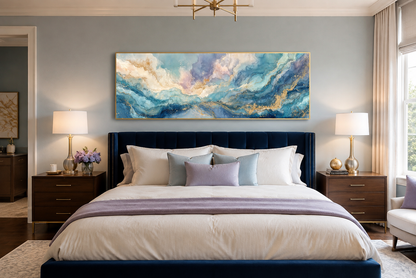Soft Blue And Gold Abstract Long Horizontal Marble Style Wall Art