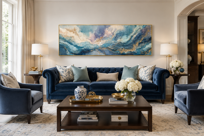 Soft Blue And Gold Abstract Long Horizontal Marble Style Wall Art