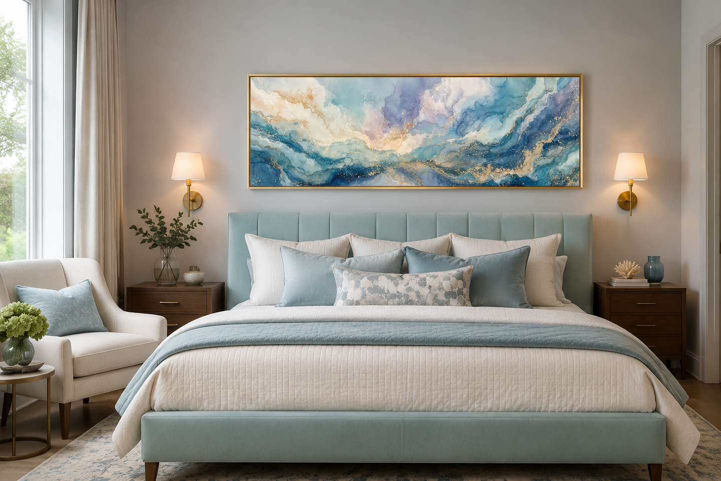 Soft Blue And Gold Abstract Long Horizontal Marble Style Wall Art