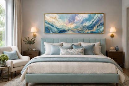 Soft Blue And Gold Abstract Long Horizontal Marble Style Wall Art