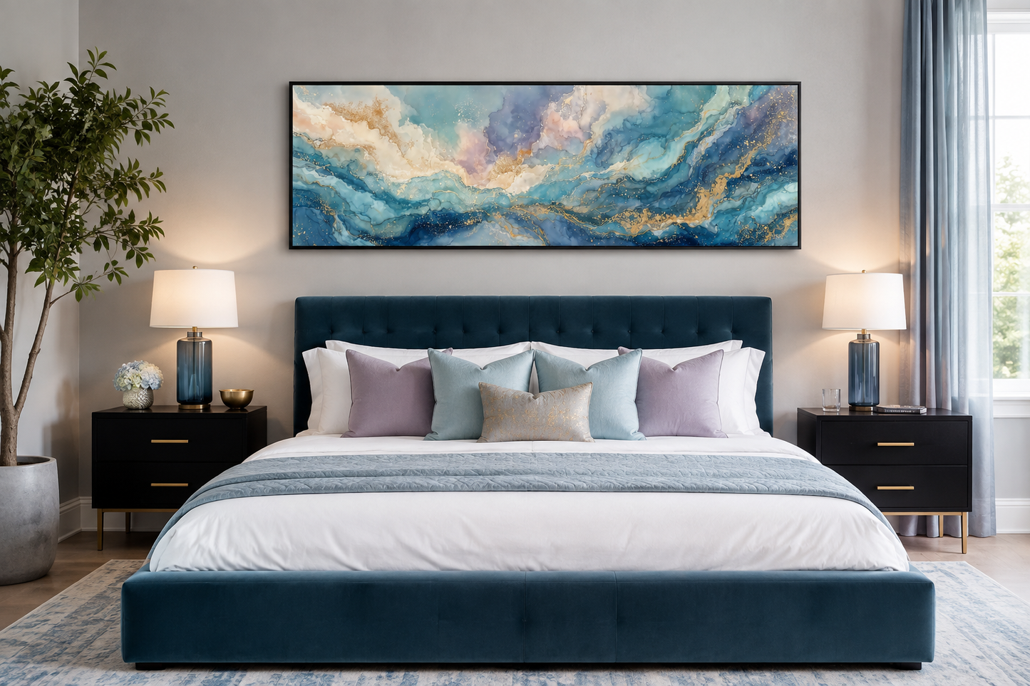 Soft Blue And Gold Abstract Long Horizontal Marble Style Wall Art