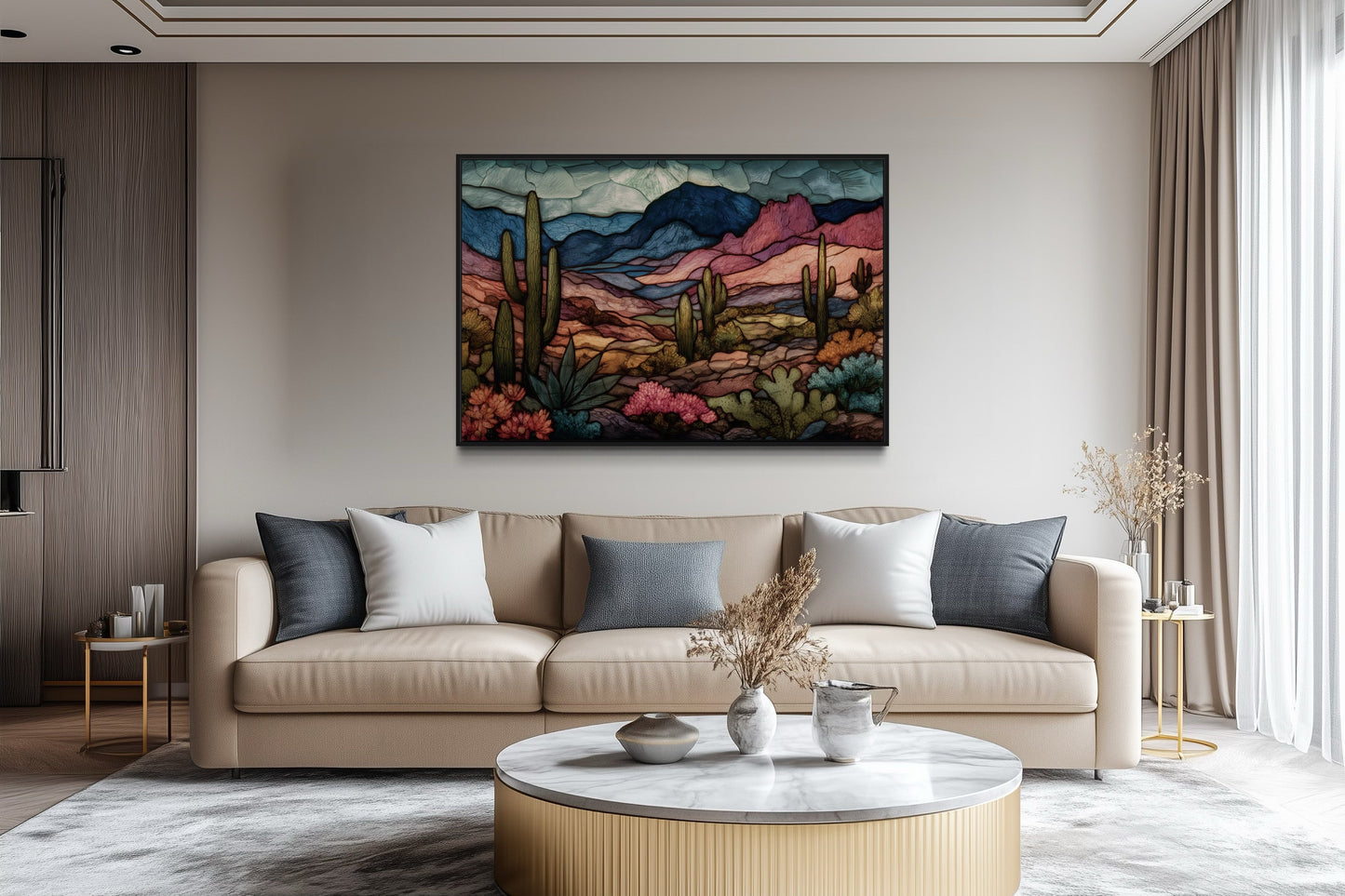 Sonoran Desert With Saguaro Cactus In Stained Glass Style Mexican Framed Canvas Wall Art