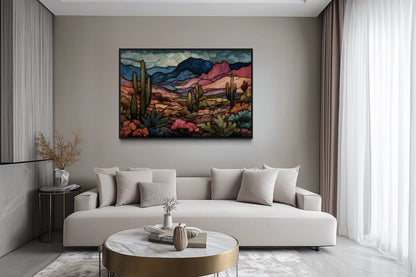 Sonoran Desert With Saguaro Cactus In Stained Glass Style Mexican Framed Canvas Wall Art