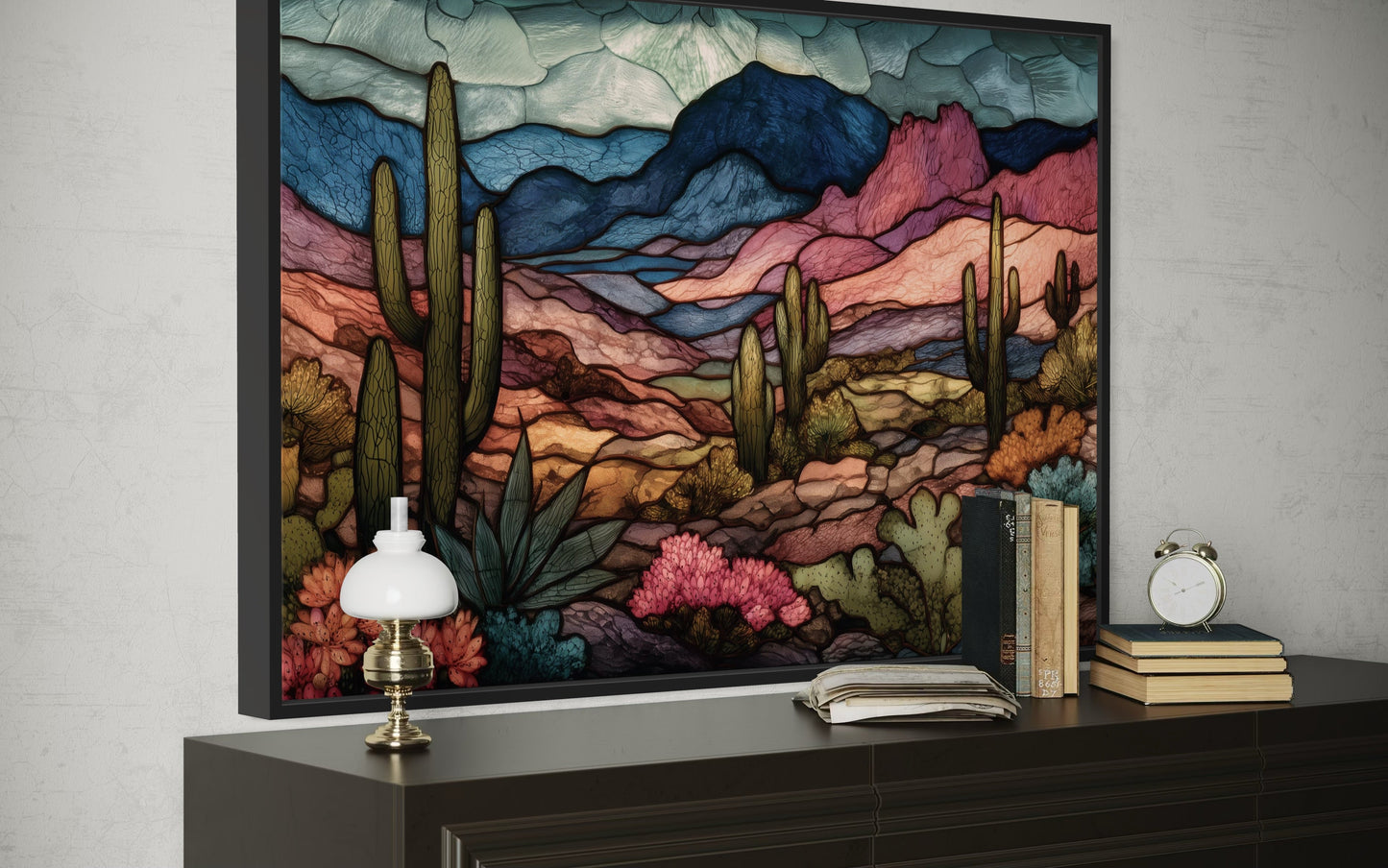 Sonoran Desert With Saguaro Cactus In Stained Glass Style Mexican Framed Canvas Wall Art