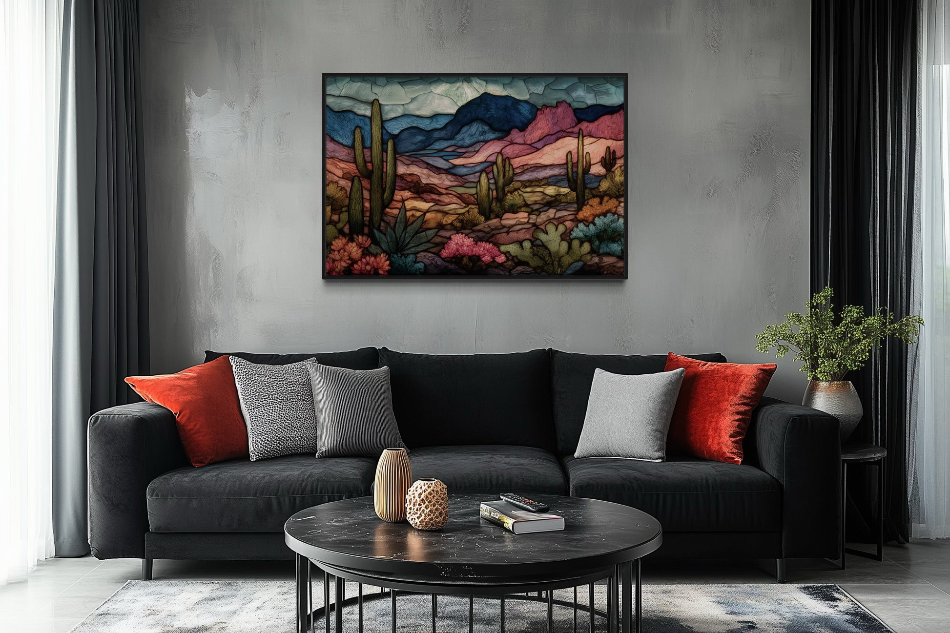 Sonoran Desert With Saguaro Cactus In Stained Glass Style Mexican Framed Canvas Wall Art