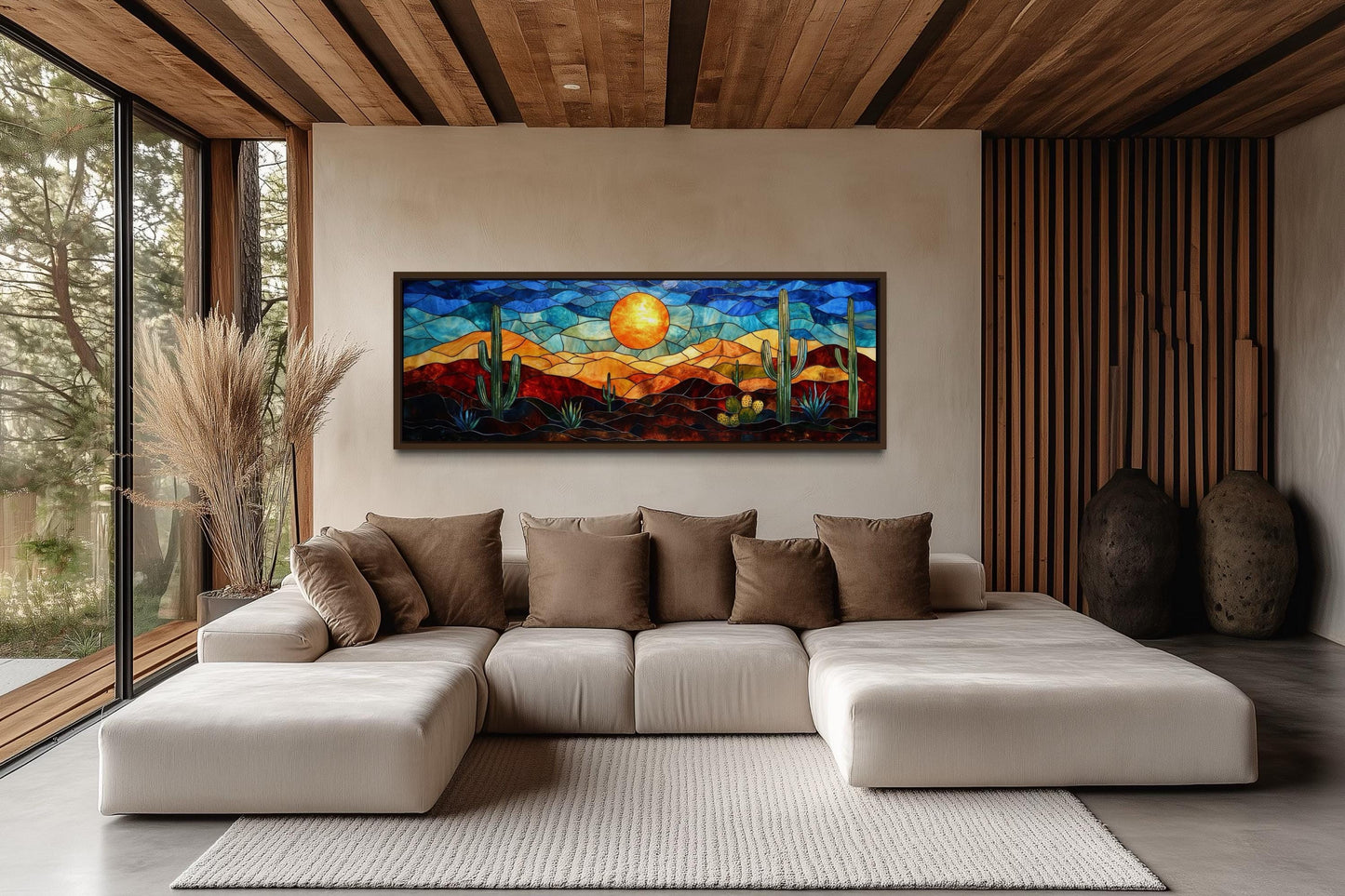 Southwest Desert Sunset Cactus Landscape Stained Glass Style Long Horizontal Canvas Wall Art