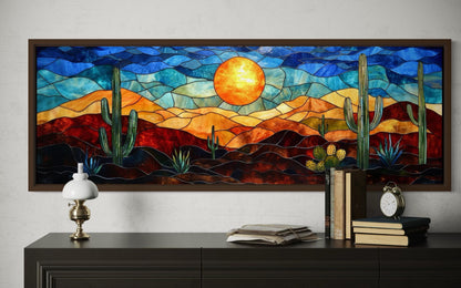 Southwest Desert Sunset Cactus Landscape Stained Glass Style Long Horizontal Canvas Wall Art