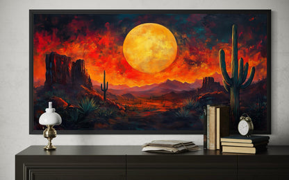 Southwest Desert Wall Art – Dramatic Red Sunset Canvas Print With Cactus Silhouette