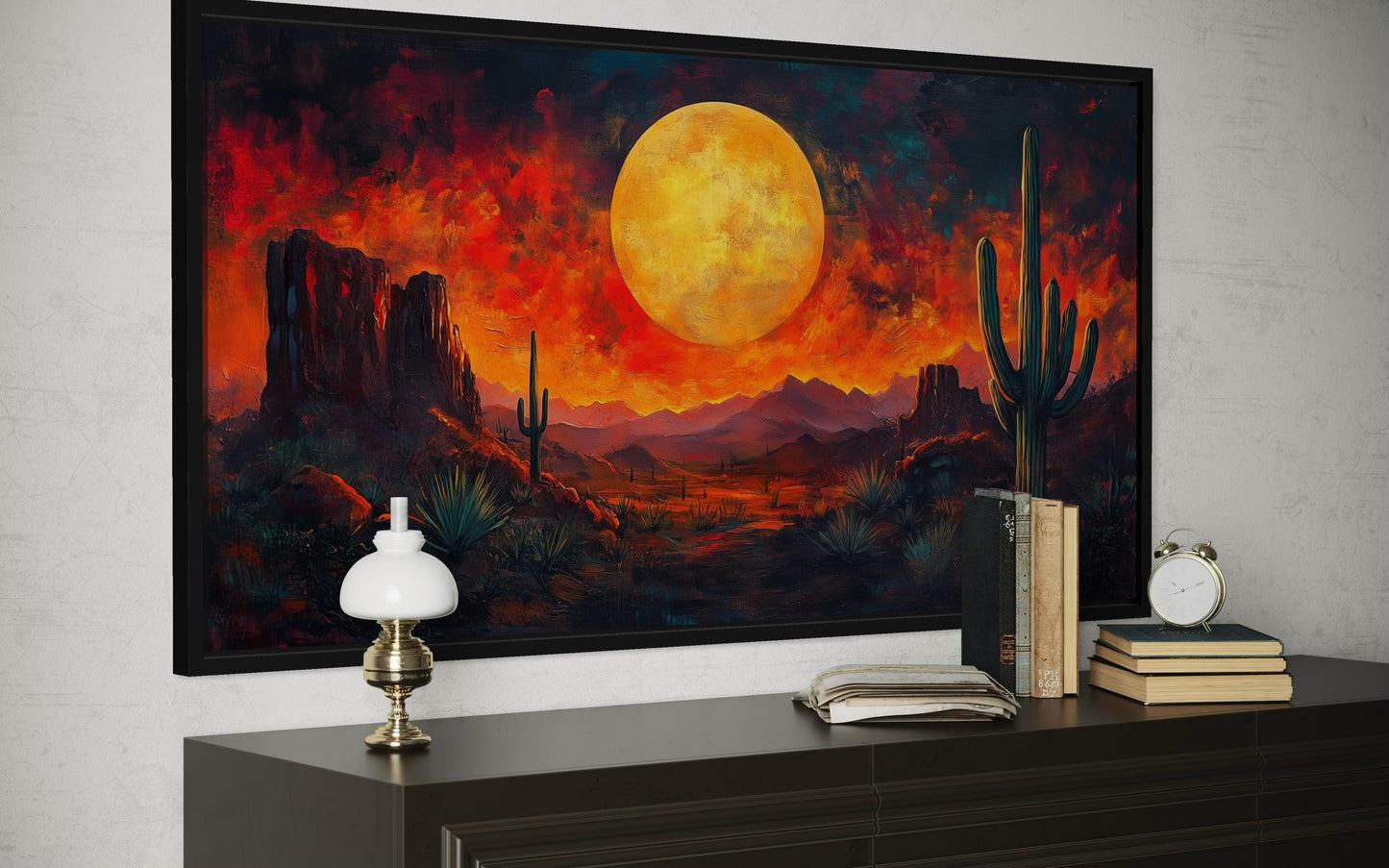 Southwest Desert Wall Art – Dramatic Red Sunset Canvas Print With Cactus Silhouette