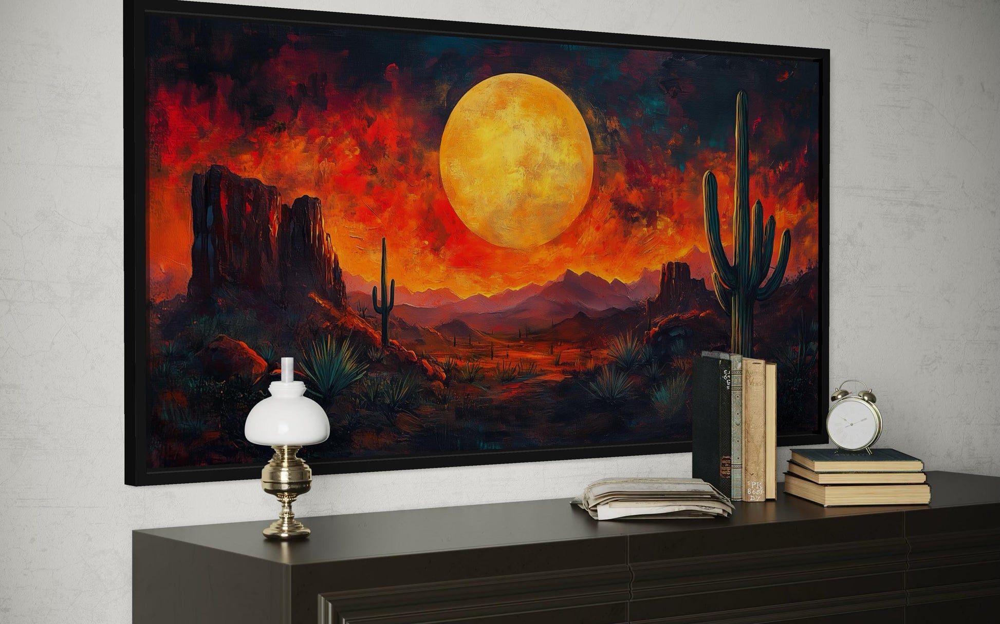 Southwest Desert Wall Art – Dramatic Red Sunset Canvas Print With Cactus Silhouette