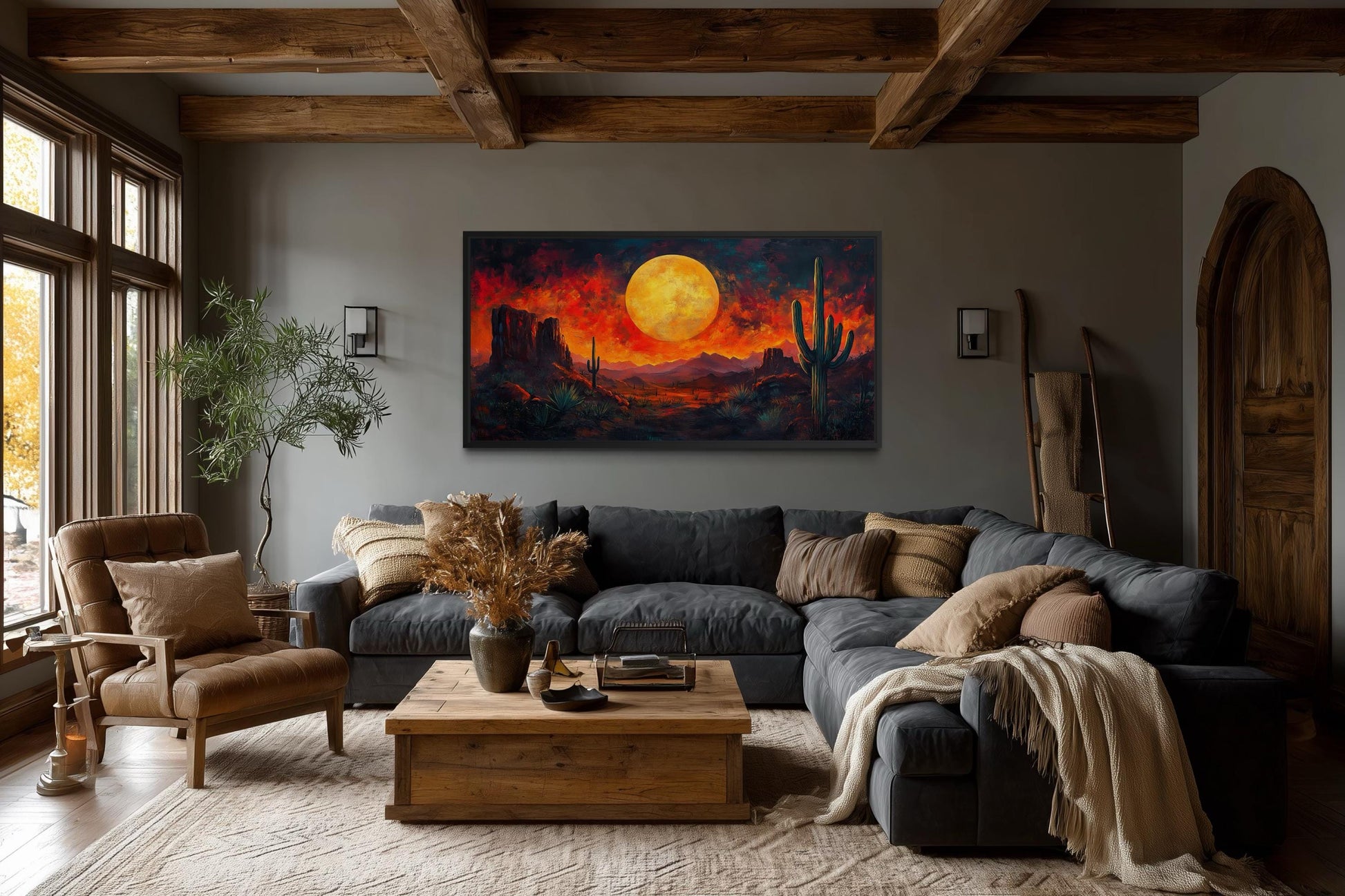 Southwest Desert Wall Art – Dramatic Red Sunset Canvas Print With Cactus Silhouette