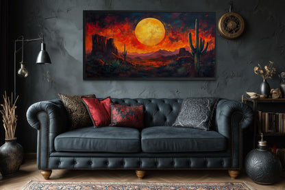 Southwest Desert Wall Art – Dramatic Red Sunset Canvas Print With Cactus Silhouette