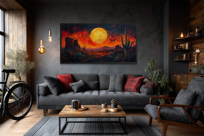 Southwest Desert Wall Art – Dramatic Red Sunset Canvas Print With Cactus Silhouette