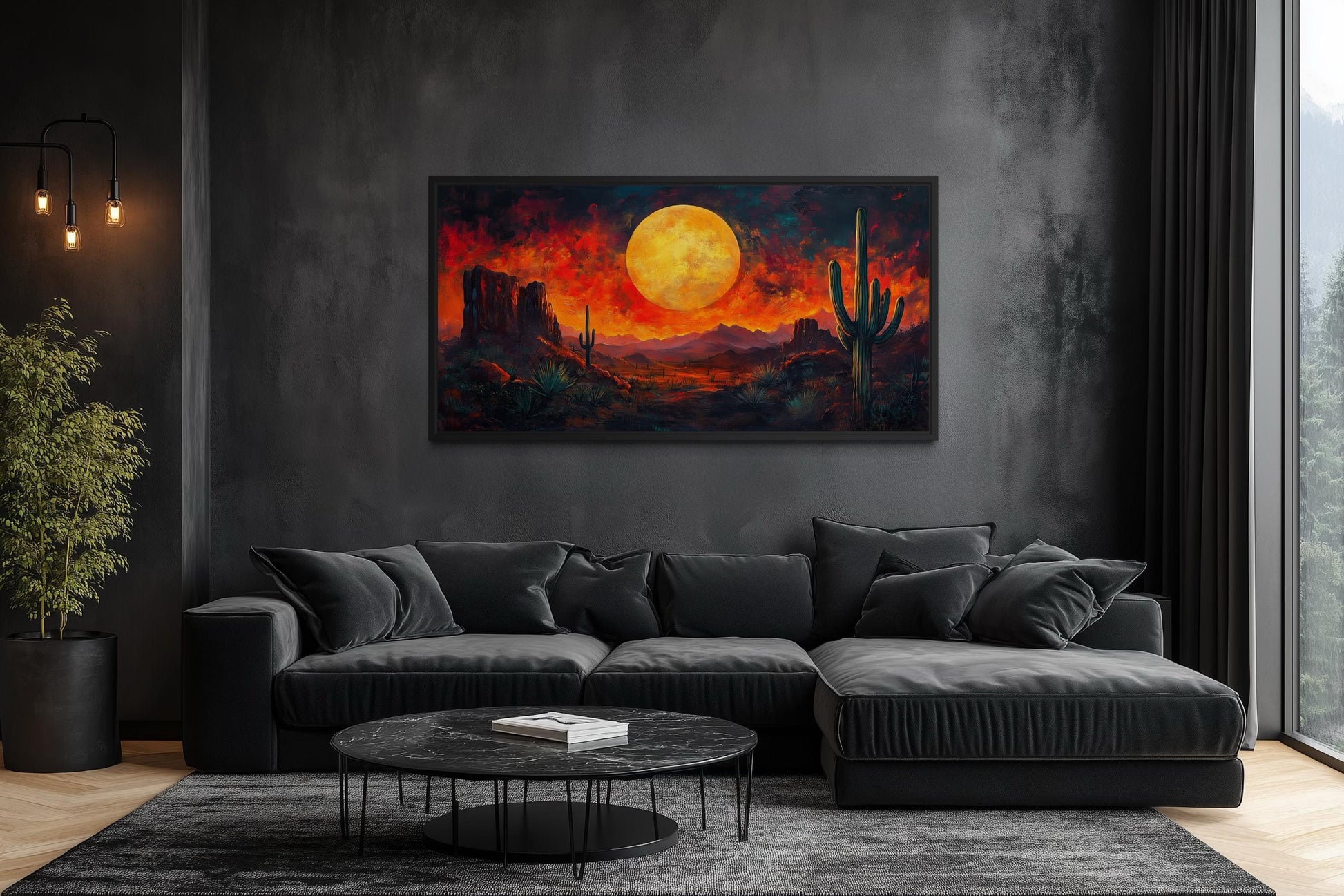 Southwest Desert Wall Art – Dramatic Red Sunset Canvas Print With Cactus Silhouette