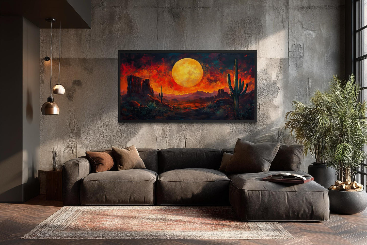 Southwest Desert Wall Art – Dramatic Red Sunset Canvas Print With Cactus Silhouette