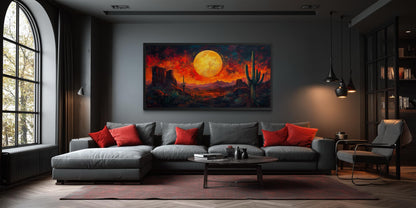 Southwest Desert Wall Art – Dramatic Red Sunset Canvas Print With Cactus Silhouette